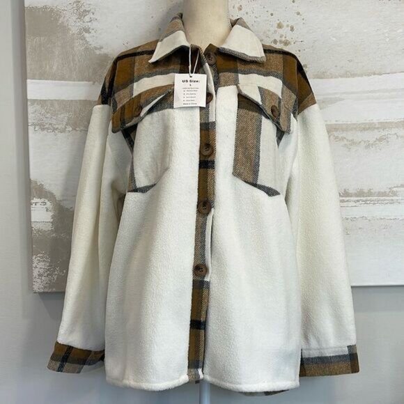 Jackets & Blazers - Plaid Brushed Flannel Shacket Sherpa Patchwork Button Down (NWT) Size Large